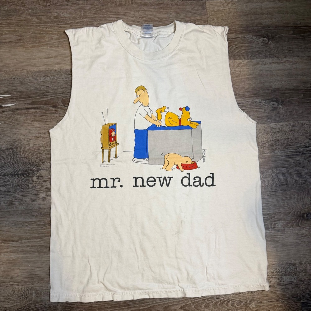 Vintage Jim Benton Mr New Dad Cartoon Cut Off Muscle Tee White Large